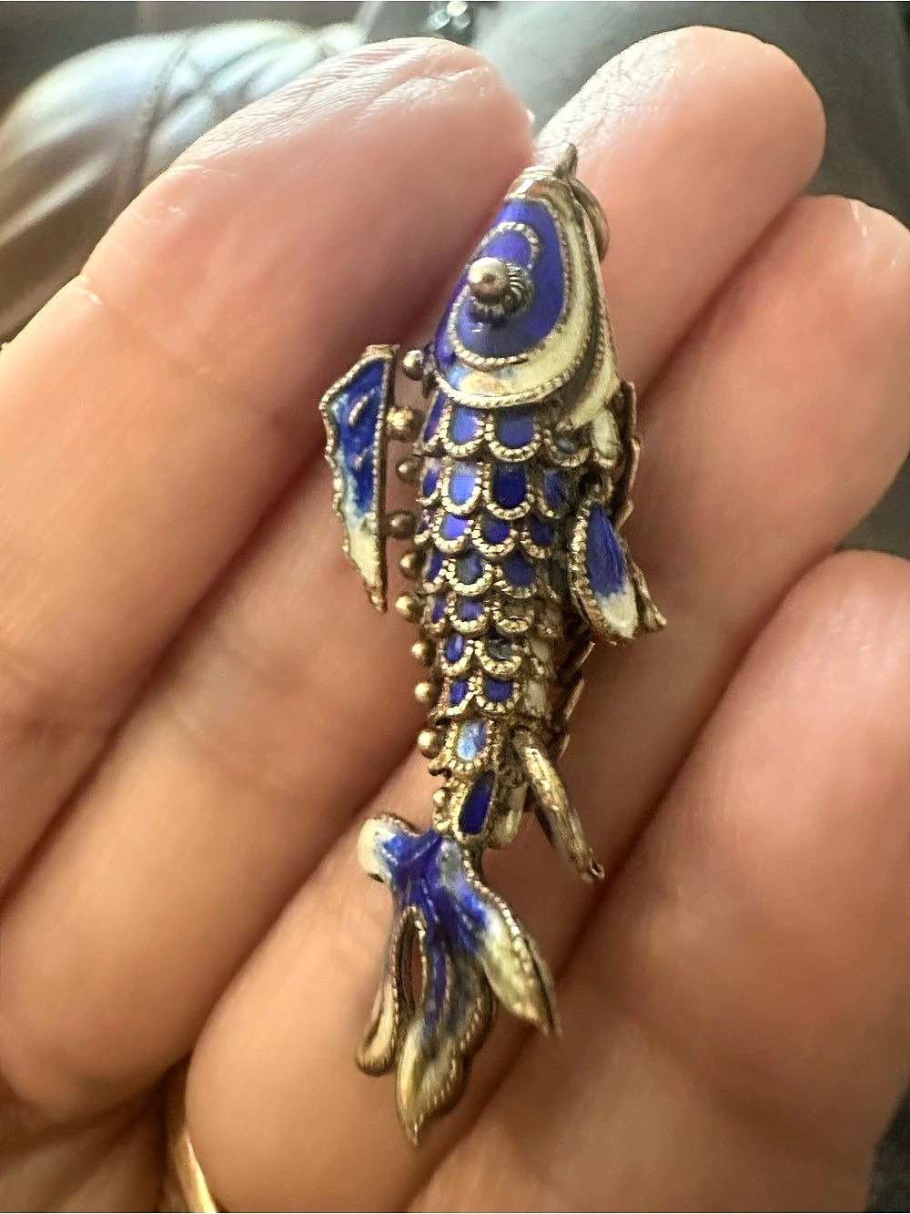 Blue cloisonné articulated koi fish pendant